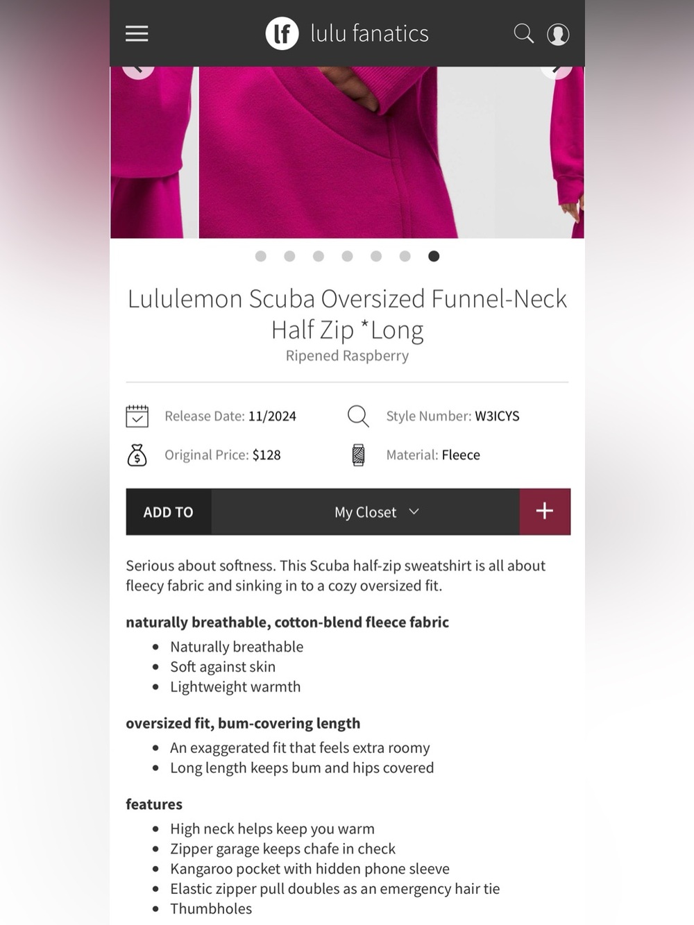 Lululemon Ripened Raspberry Scuba Oversized Funnel-Neck Half Zip *Long Sz M/L - Picture 7 of 7